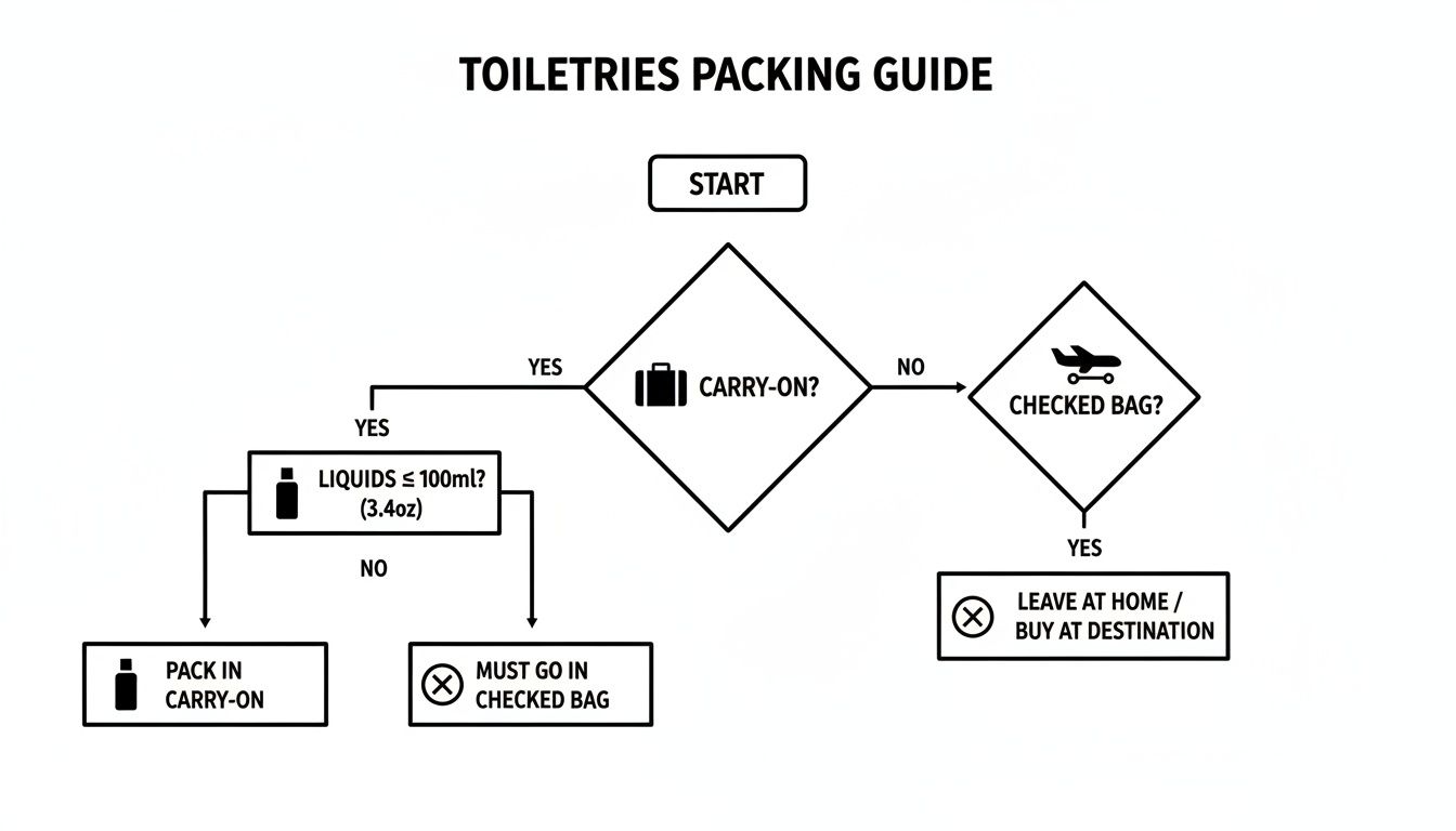 A flowchart guiding how to pack toiletries for air travel, distinguishing between carry-on and checked bags based on liquid volume.