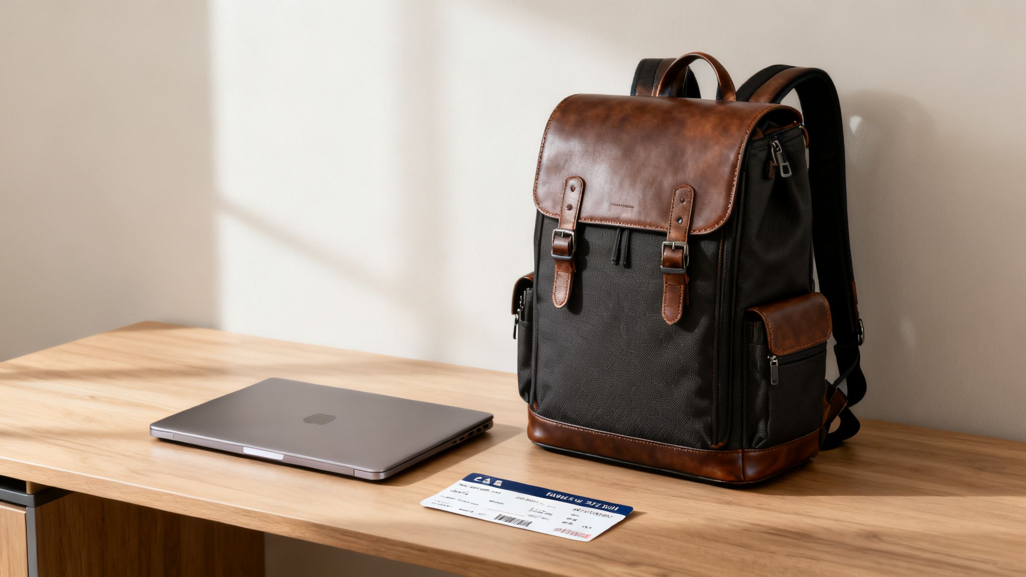 A brown and black backpack, silver laptop, and boarding pass on a light wooden desk.