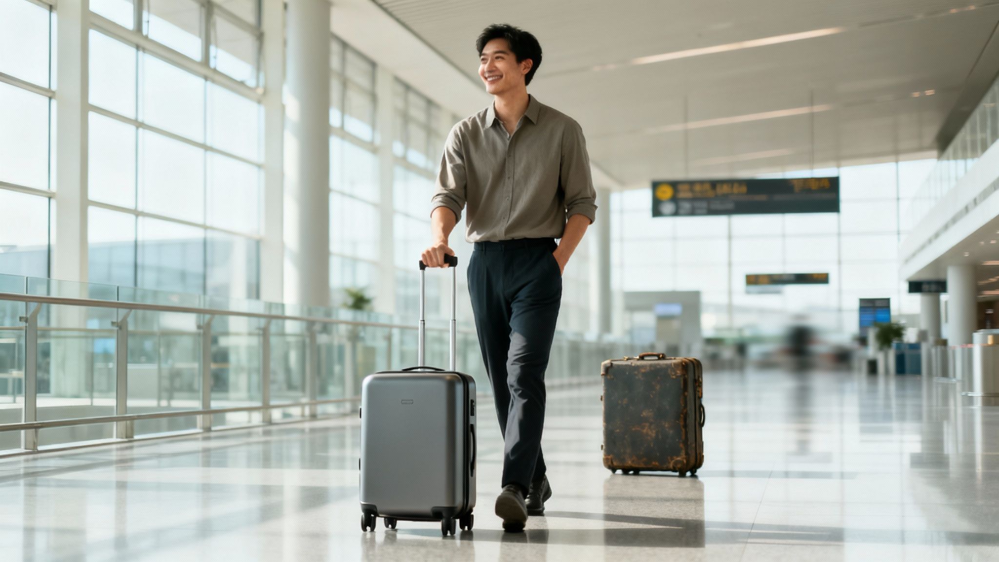 Smiling young Asian man walks through a bright airport terminal with two suitcases.