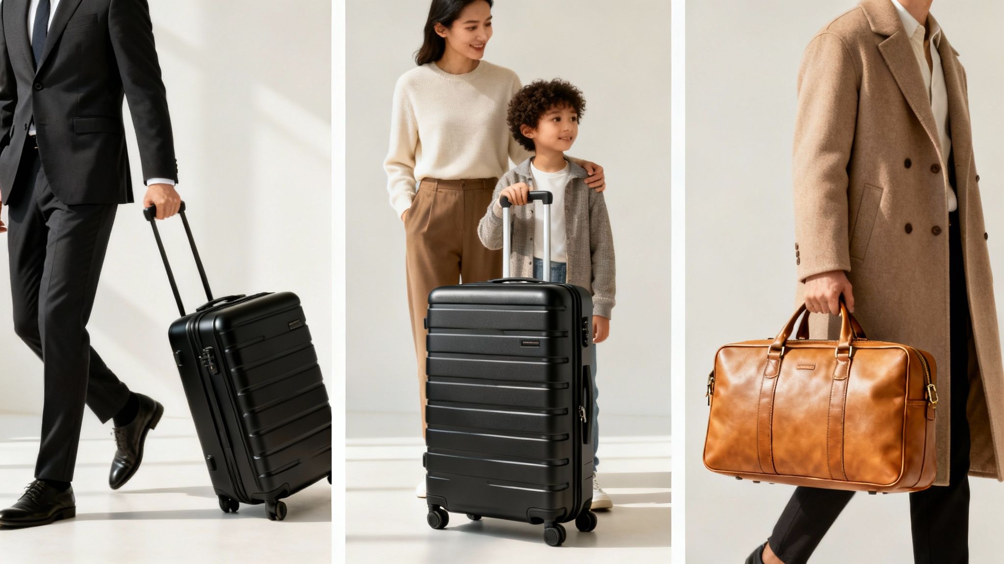 People with modern travel luggage, including hardshell suitcases and a classic leather duffel bag.