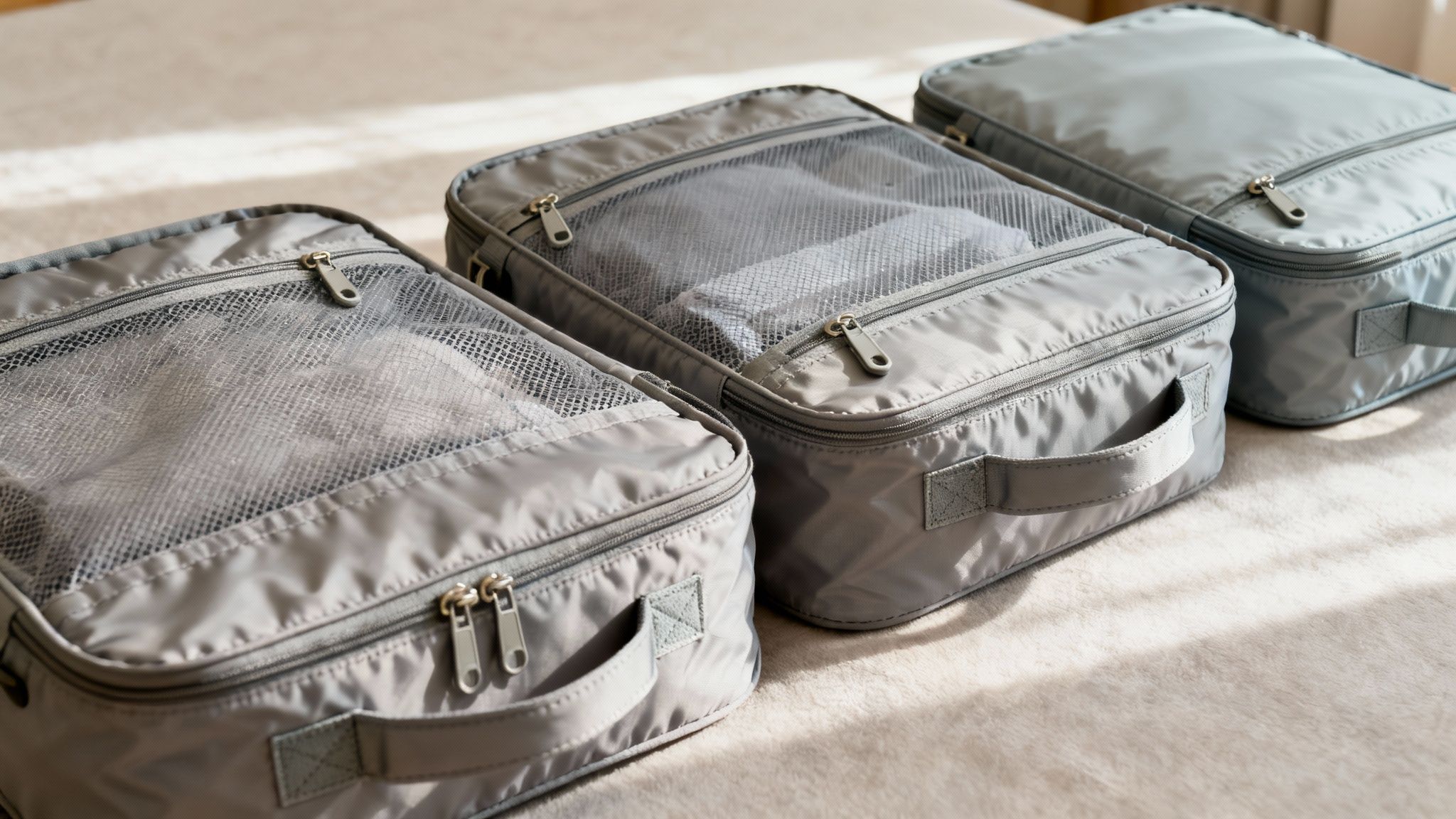 Three grey packing cubes organized neatly on a light surface, two with mesh tops showing contents.