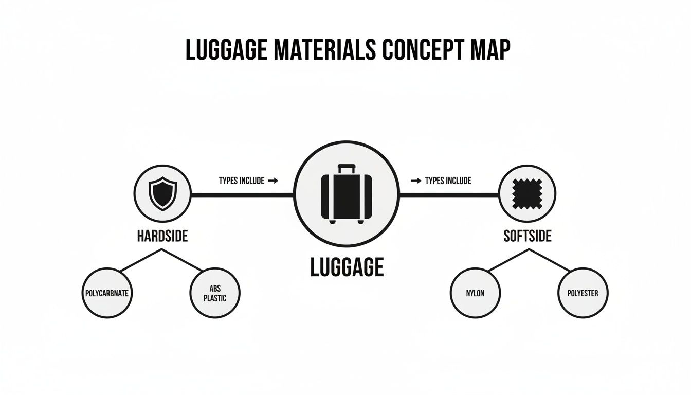 A concept map showing luggage materials, classifying them into hardside (polycarbonate, ABS plastic) and softside (nylon, polyester).