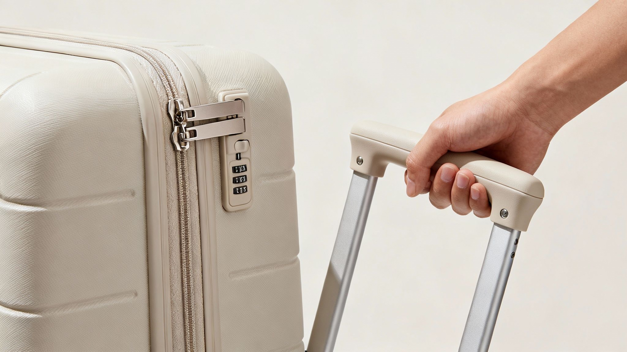 A hand pulls a cream-colored hard-shell suitcase with an extended handle and combination lock.