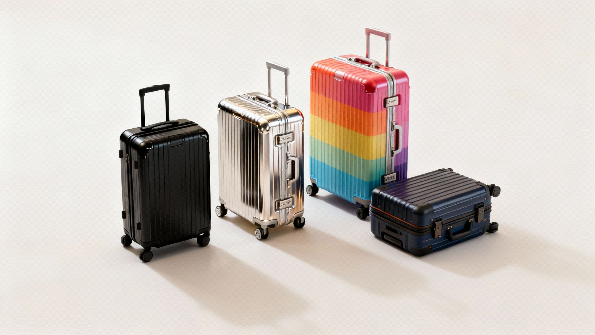 Four modern hardside suitcases in black, silver, rainbow, and blue on a white background.