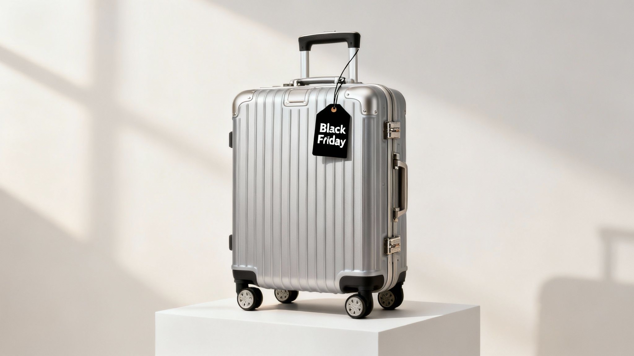 A silver metallic suitcase with a black 'Black Friday' tag, standing on a white pedestal.