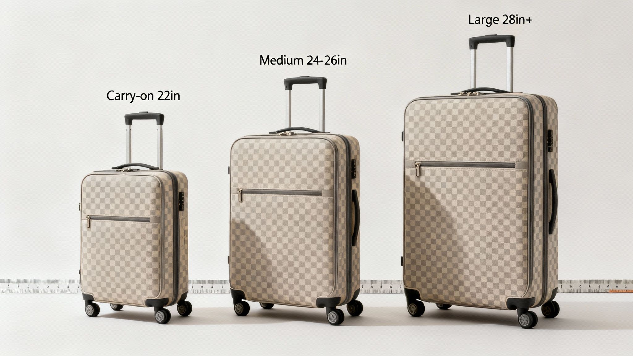 Three checkerboard pattern suitcases in carry-on, medium, and large sizes on a white background with measuring tape.