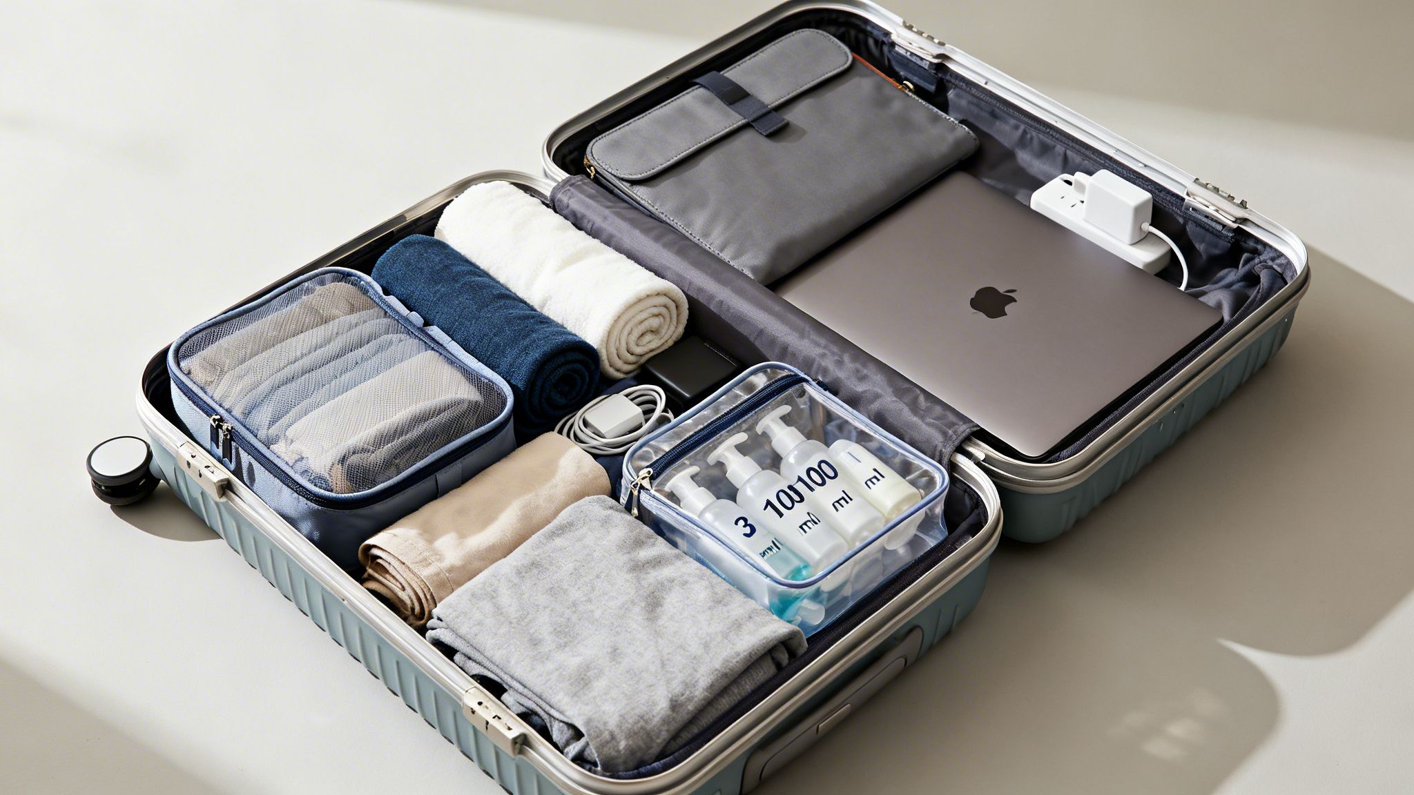 Close-up of a perfectly organized international carry-on suitcase showing clothes, laptop, and travel essentials.