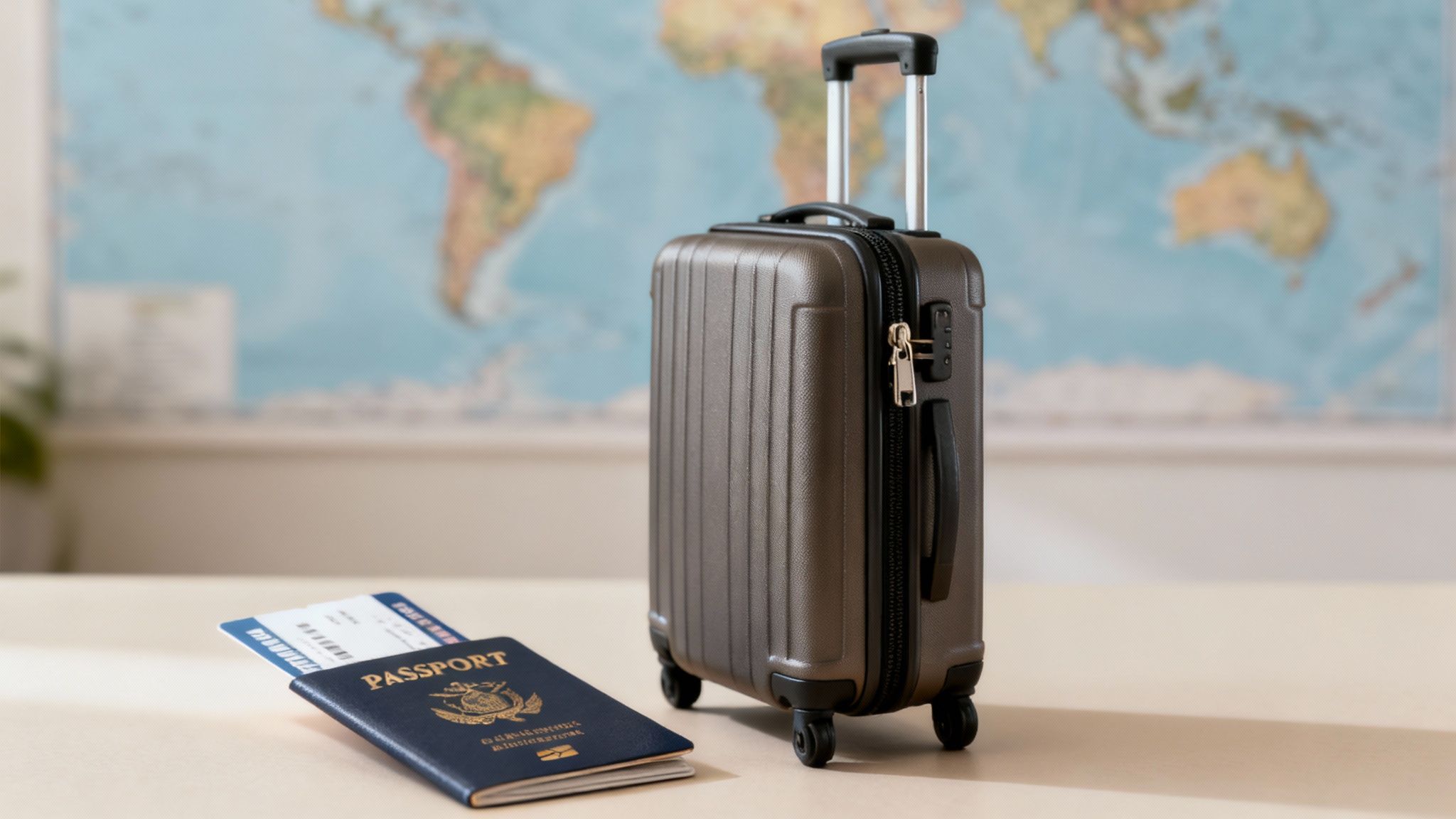 A brown suitcase, passport, and boarding pass are ready on a table for international travel.
