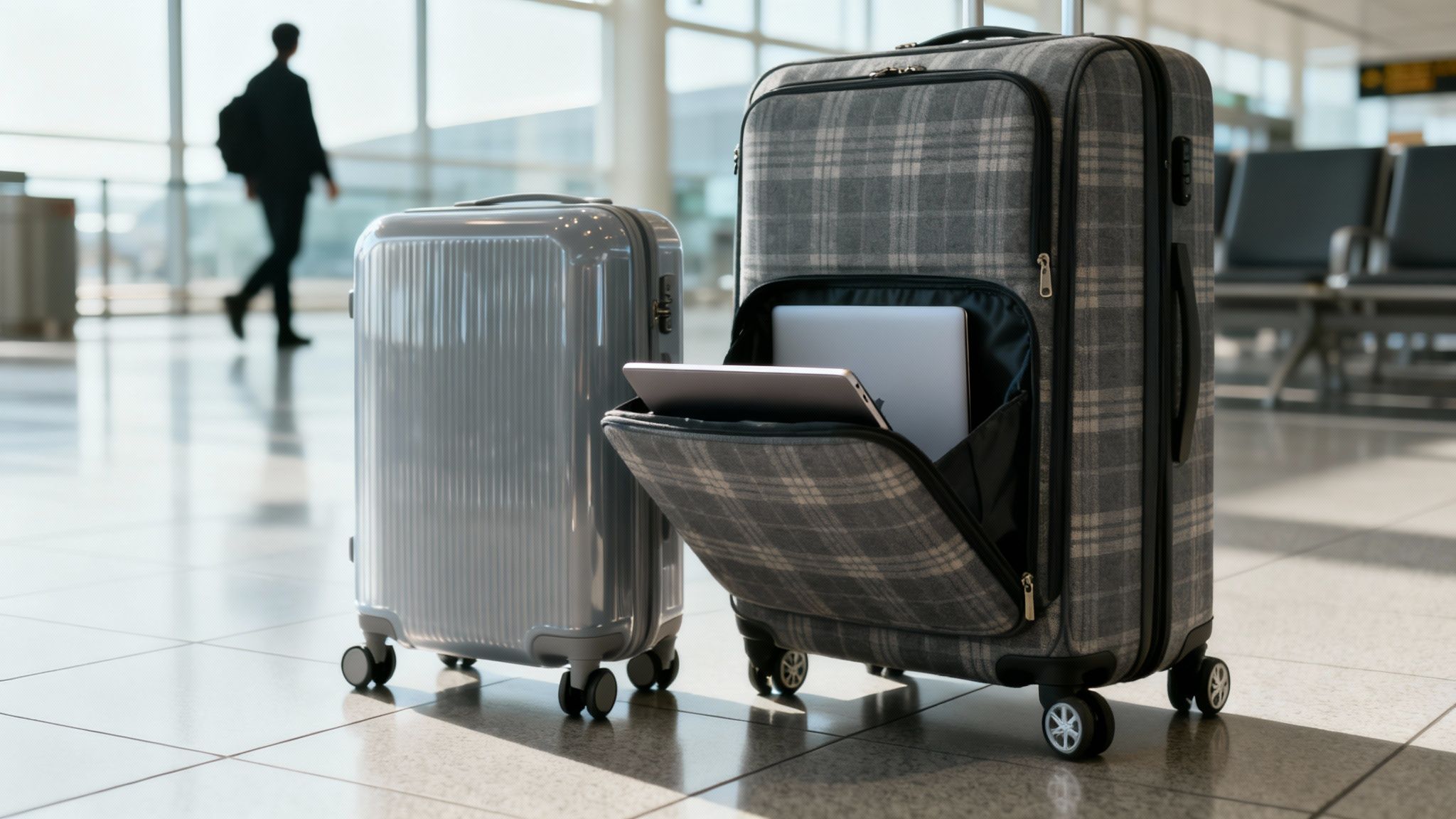Two suitcases, one open with a laptop and tablet, stand in a bright airport terminal.