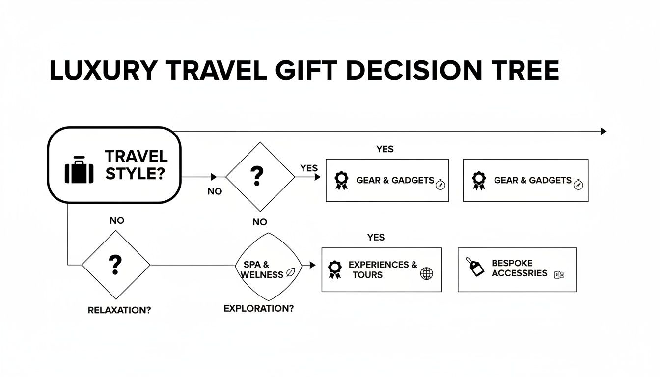 A luxury travel gift decision tree flowchart, guiding choices based on travel style and preferences.