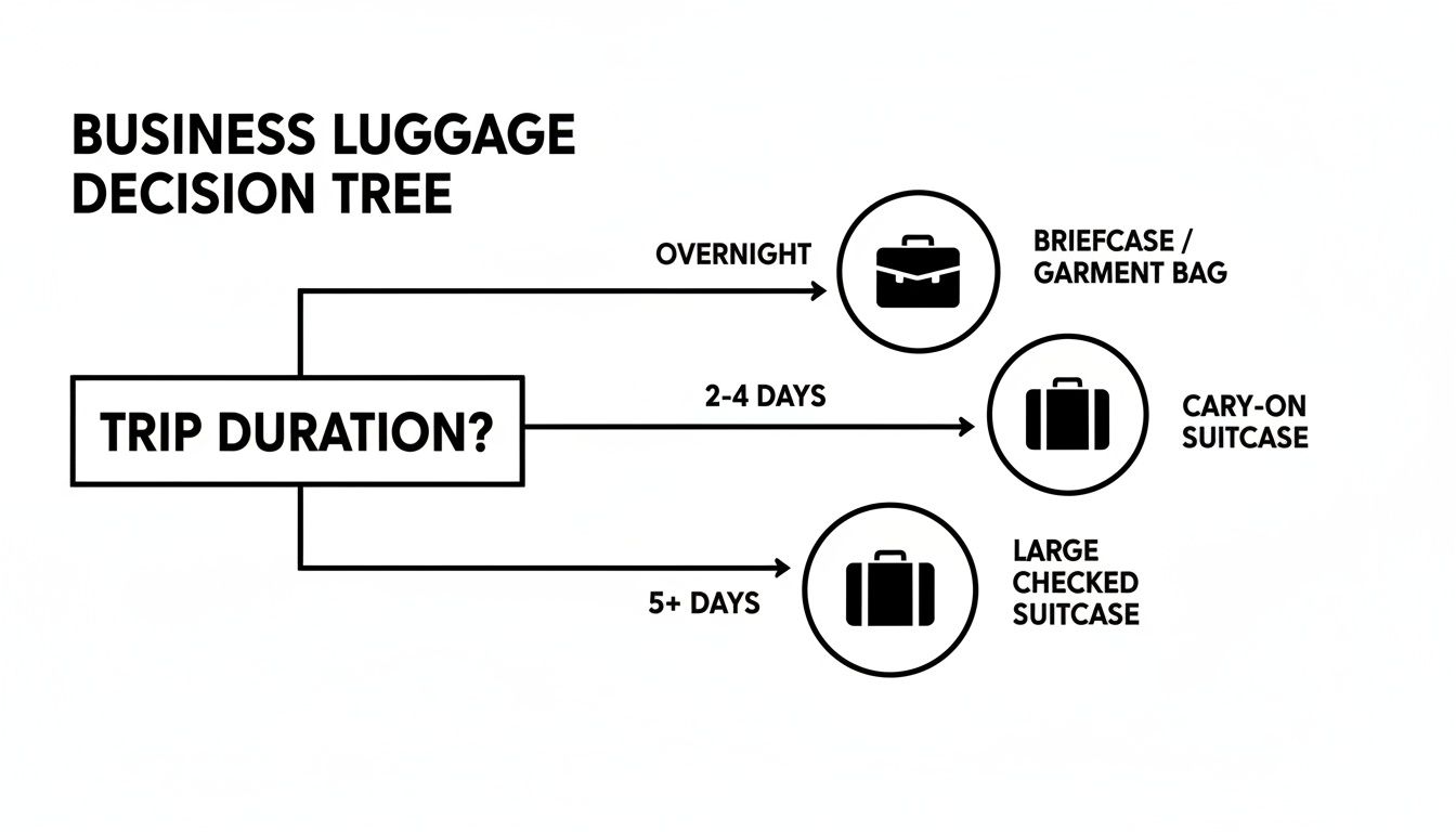 A business luggage decision tree illustrating recommended bag types based on trip duration.