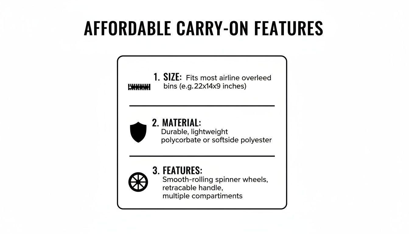 Infographic details affordable carry-on luggage features: compact size, durable material, smooth wheels, and retractable handle.