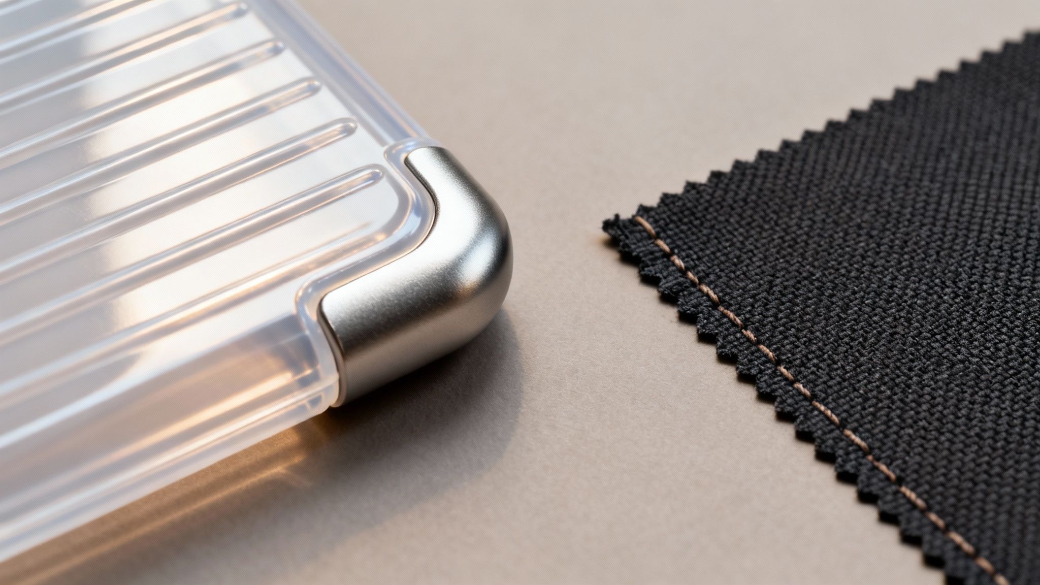 A translucent ribbed case with a silver corner piece rests beside a black fabric swatch.