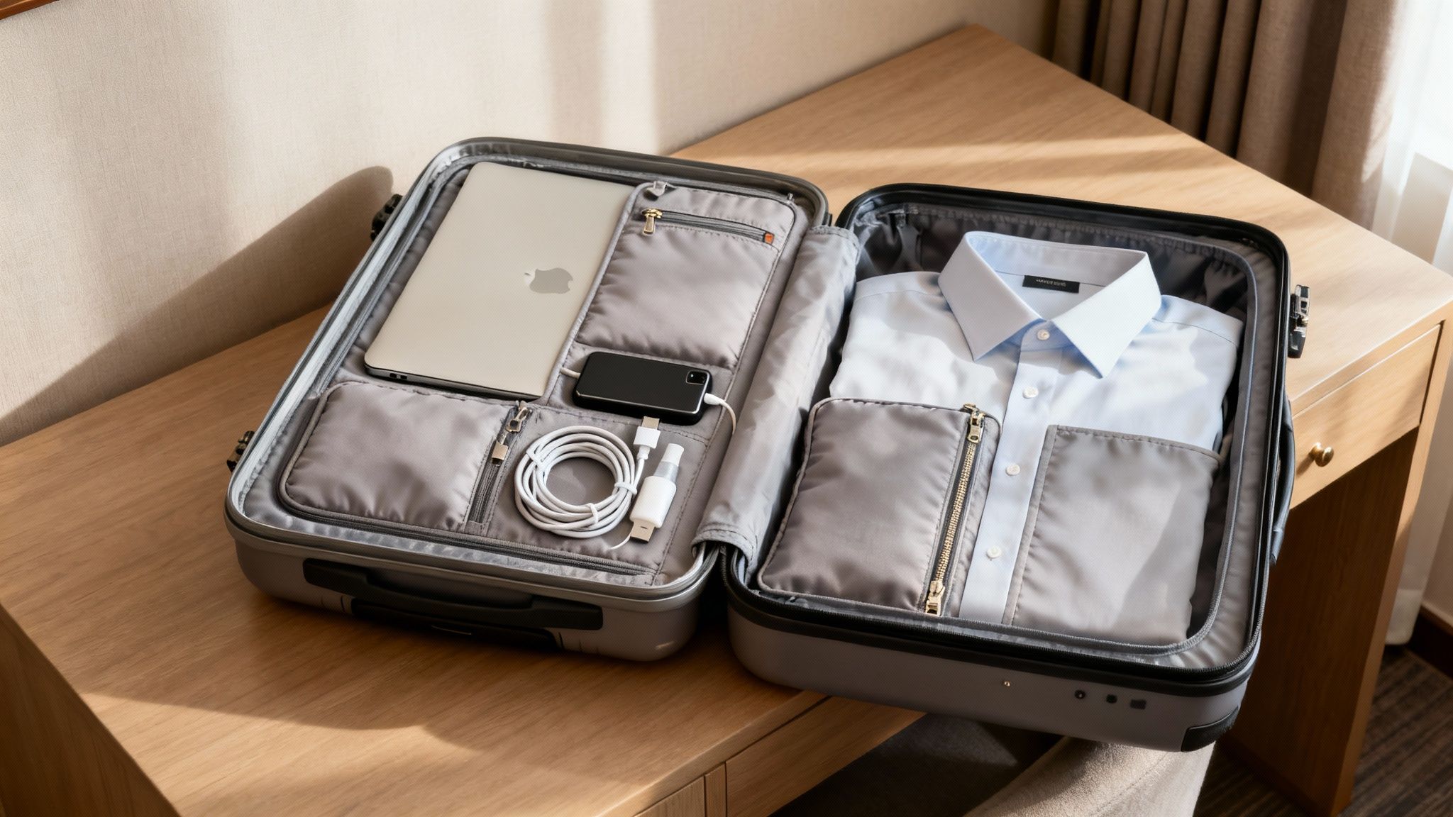 An open grey carry-on suitcase on a wooden table, revealing neatly packed business travel essentials.