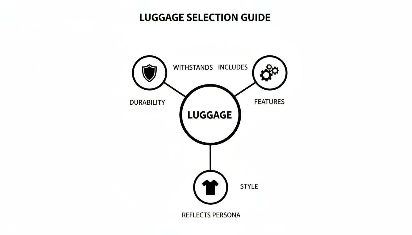 Luggage selection guide diagram showing durability, features, and style as key considerations.
