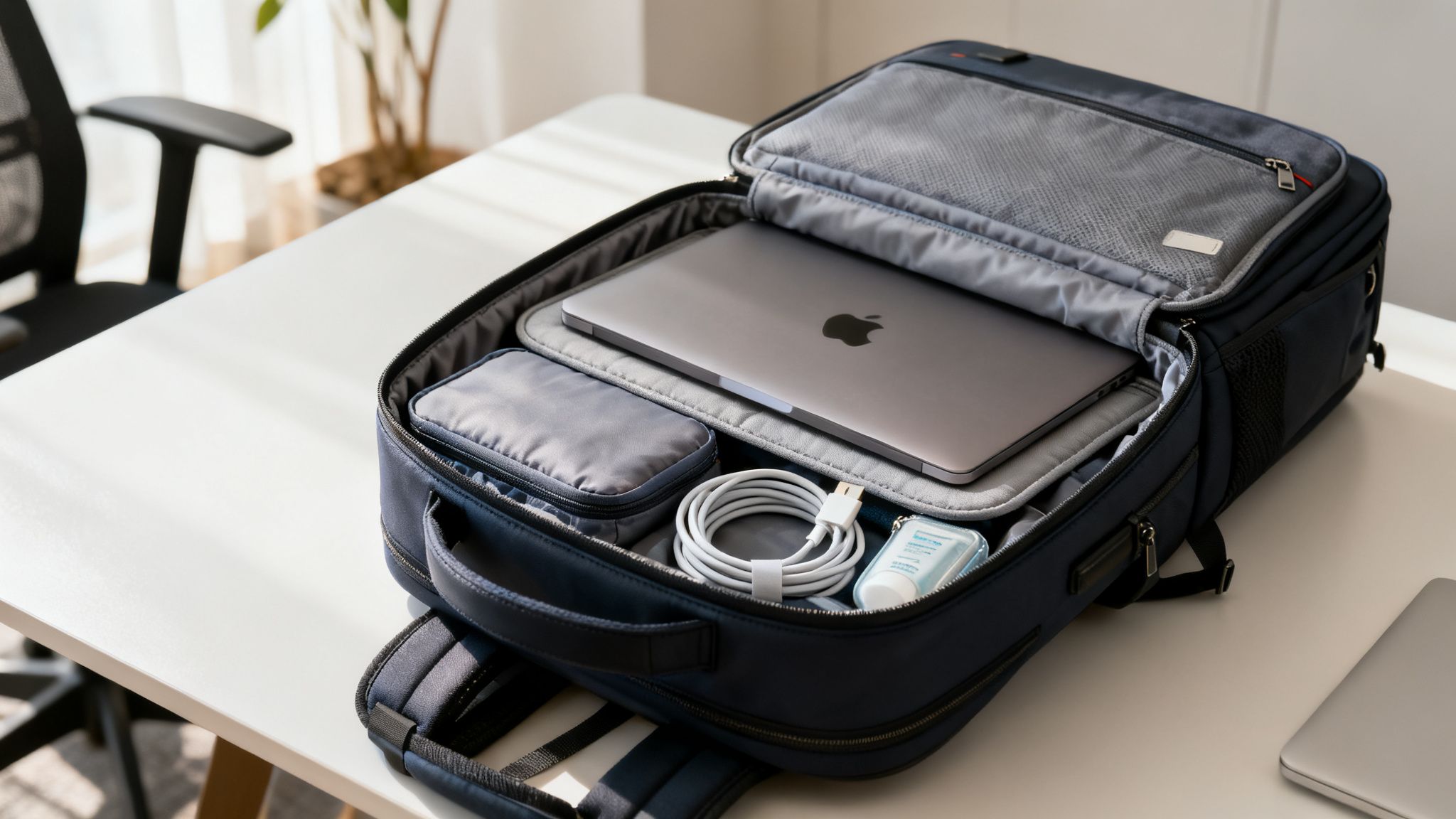 An open navy blue backpack on a white desk, revealing an organized MacBook, pouch, cable, and hand sanitizer.