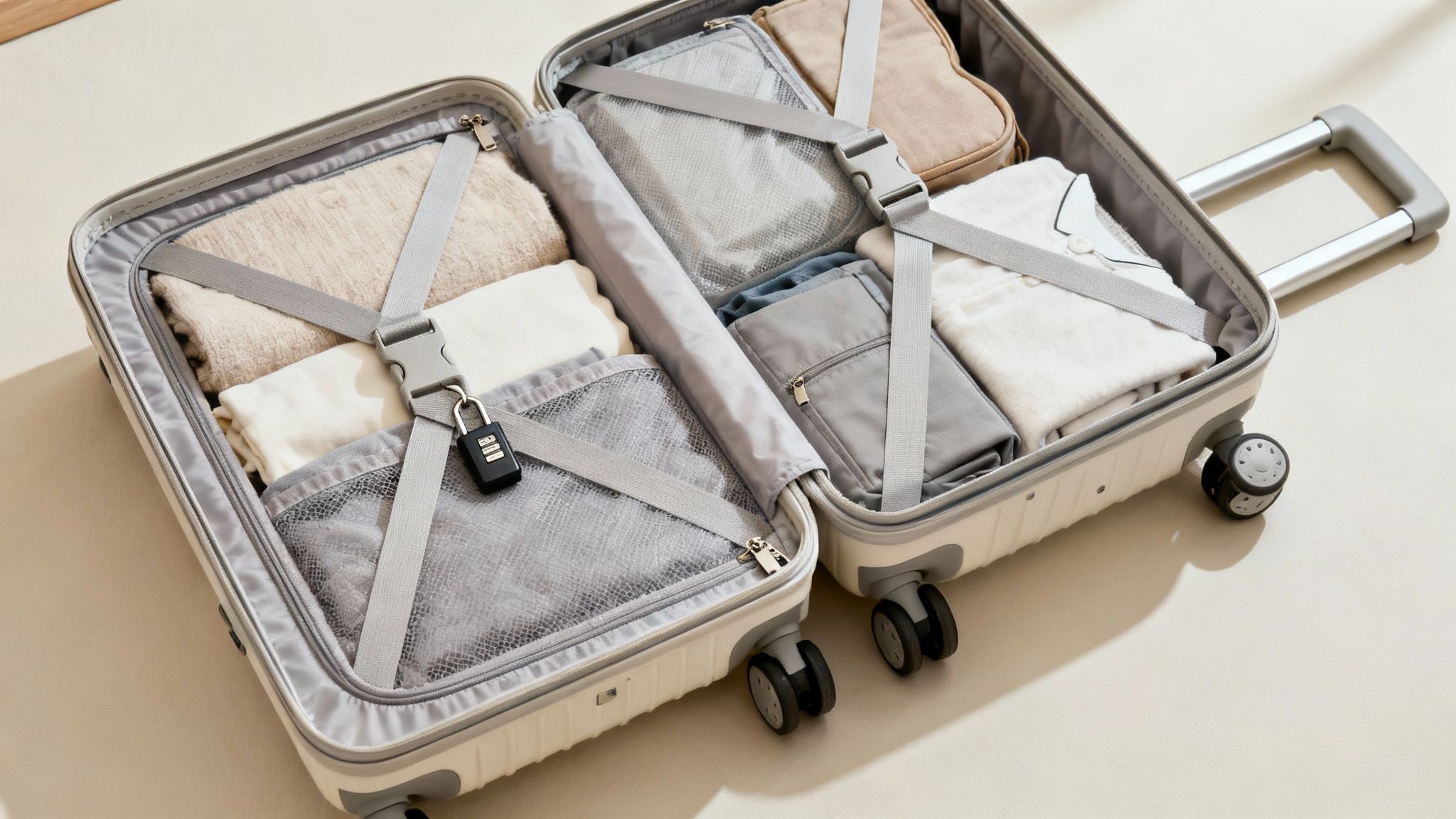 An open white lightweight suitcase neatly packed with light-colored clothes, travel organizers, and a lock.
