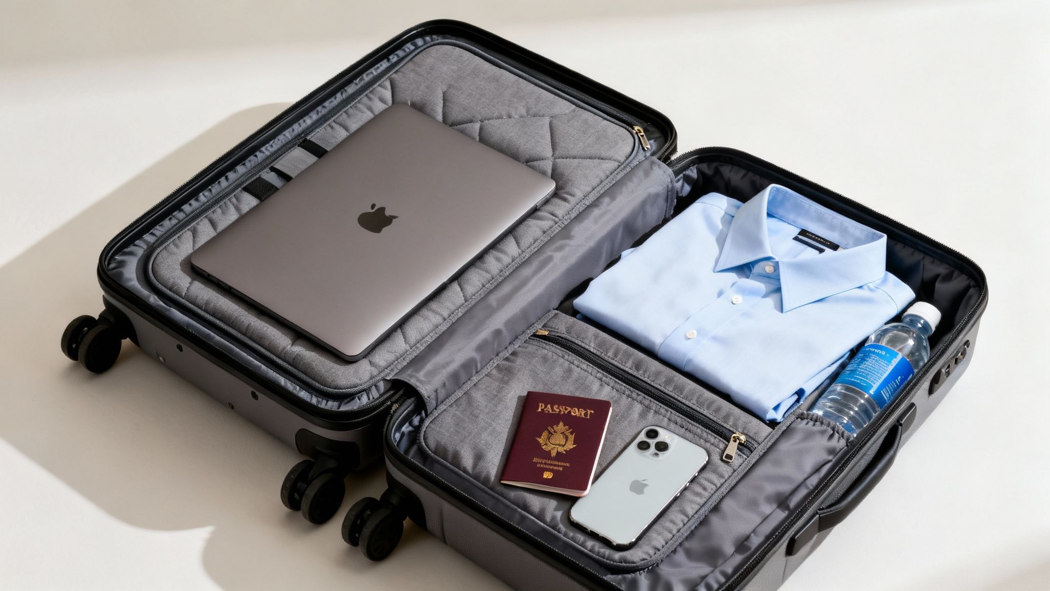 An open gray carry-on suitcase packed with a laptop, folded blue shirt, passport, smartphone, and water bottle.