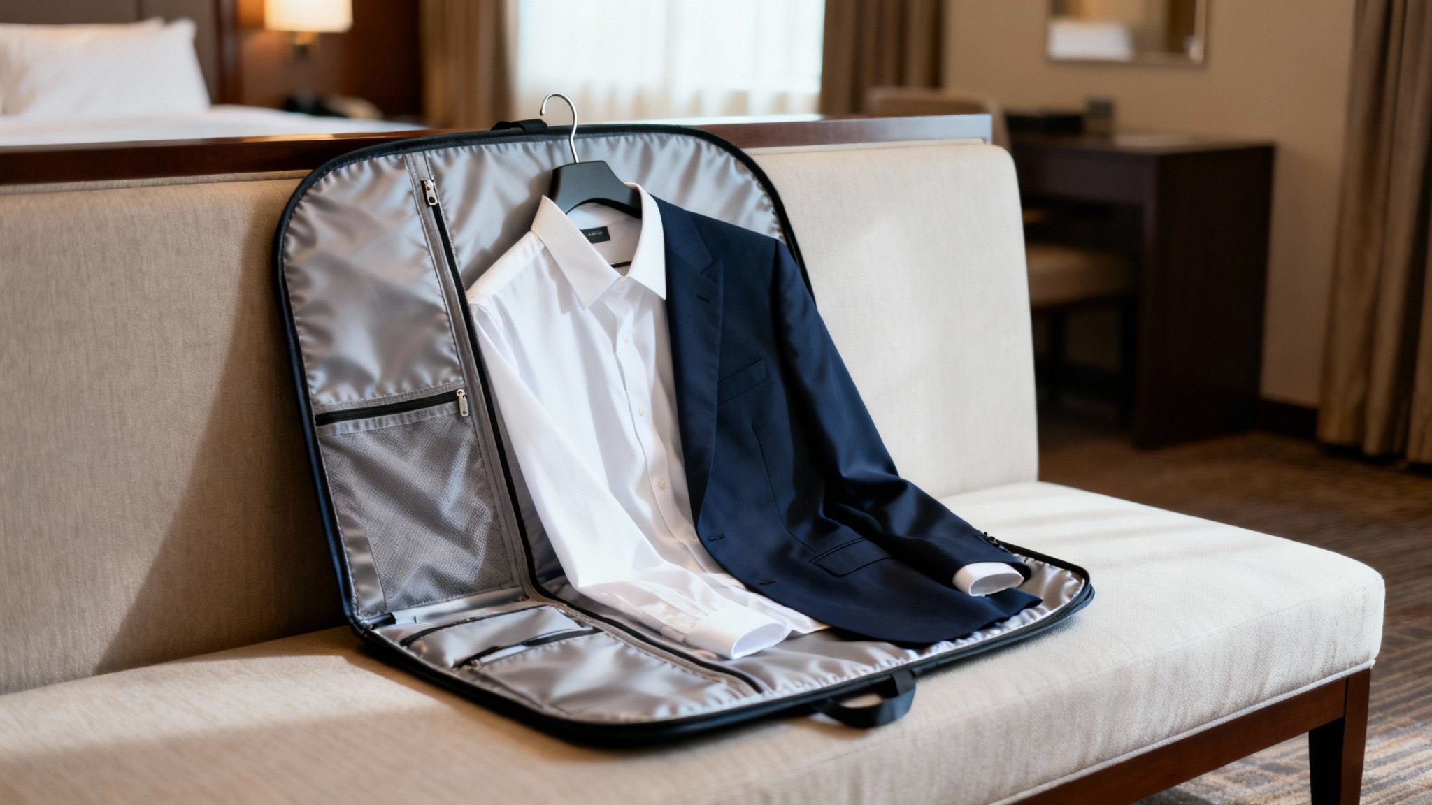 A navy suit jacket and white shirt neatly packed in an open garment bag on a hotel sofa.