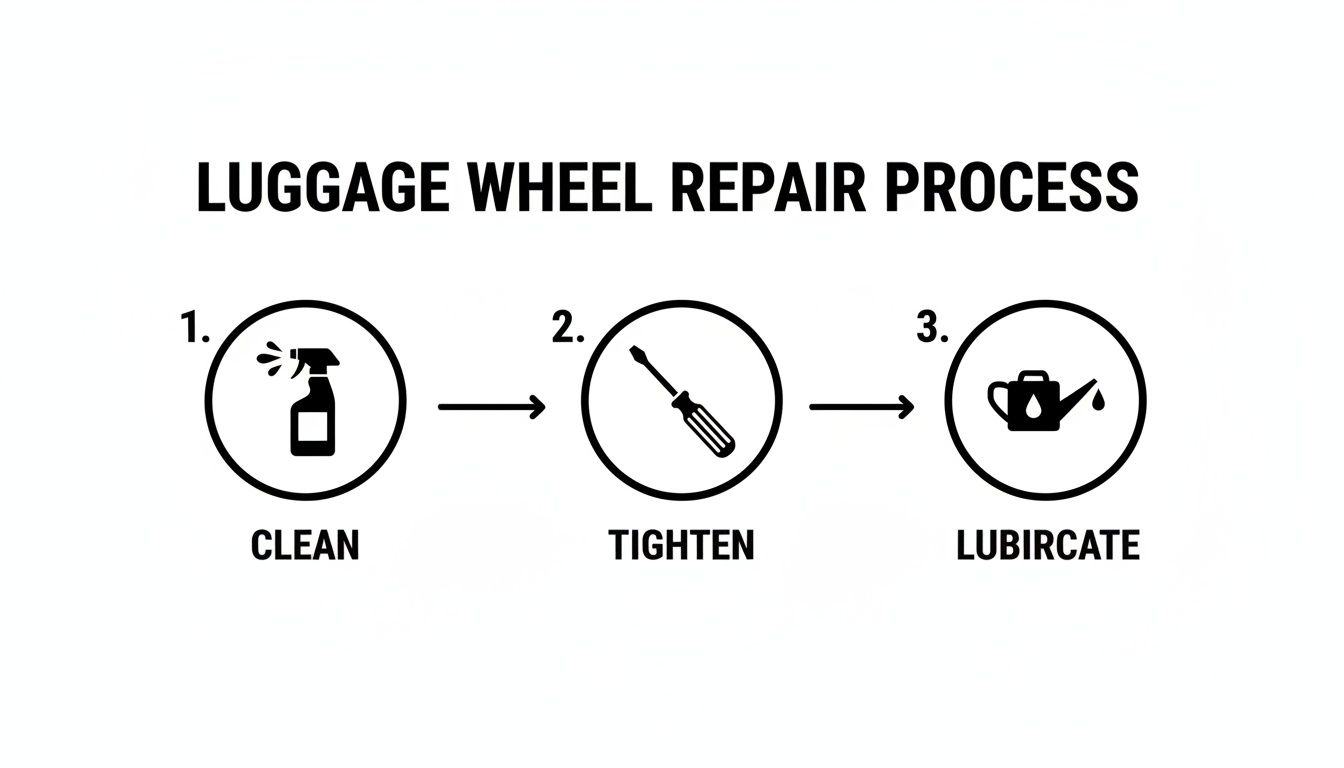 A three-step diagram illustrating the luggage wheel repair process: clean, tighten, and lubricate.