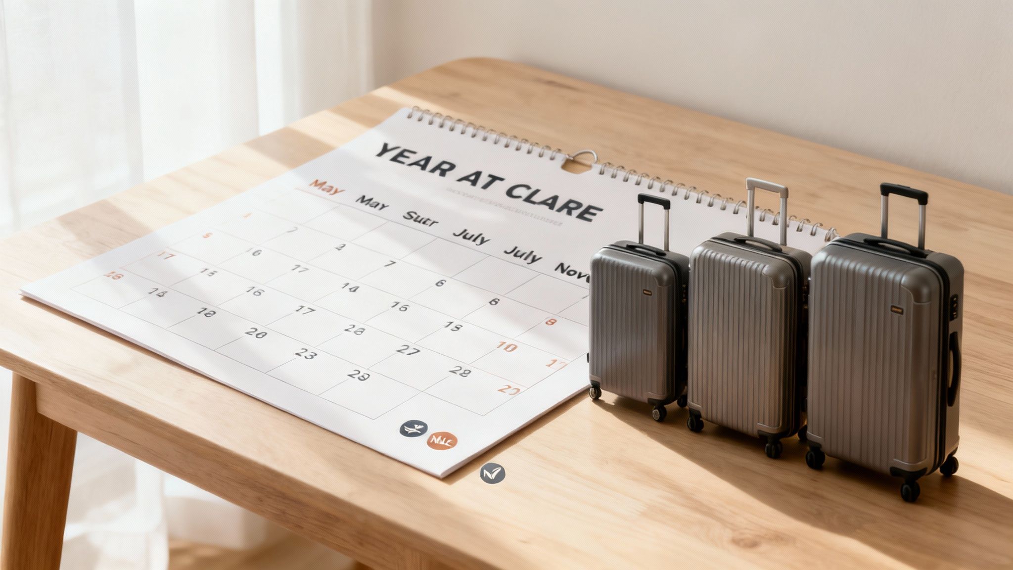 Three grey suitcases and a calendar with 'YEAR AT CLARE' on a wooden table.