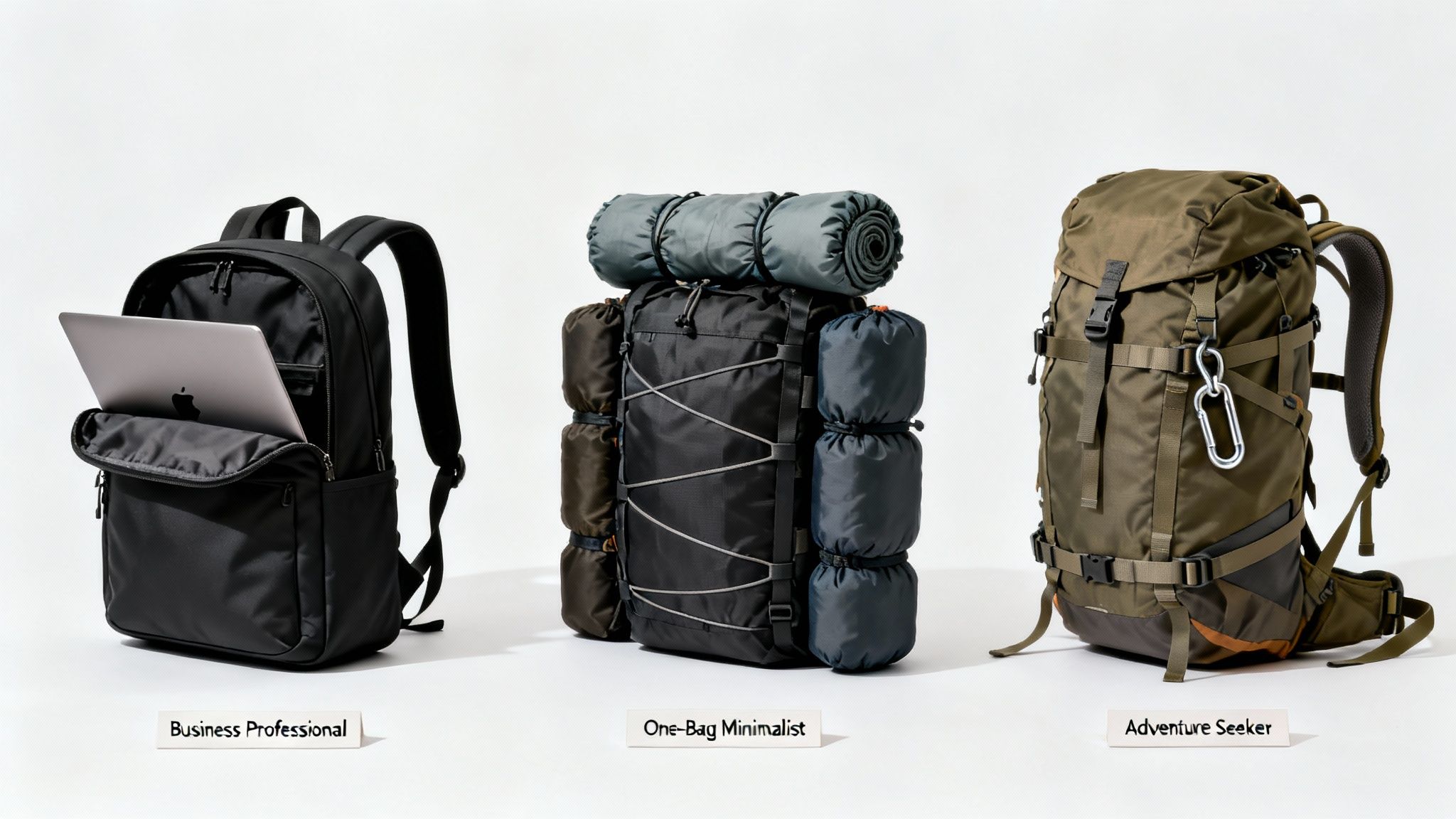 Three different backpacks for business, minimalist travel, and adventure, showcasing versatility and design.