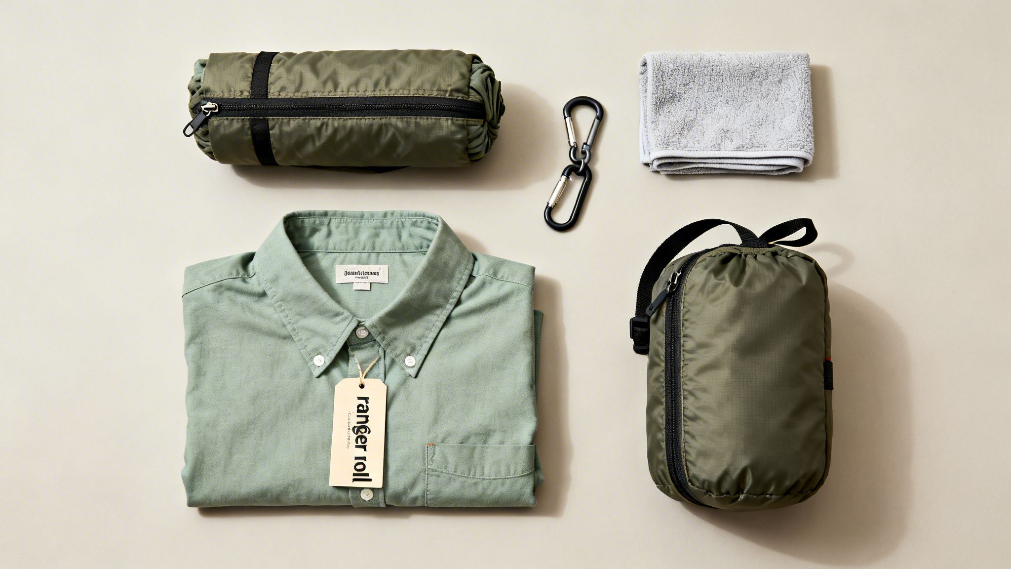 A flat lay of travel essentials: a folded green shirt, two packing cubes, a grey towel, and carabiners.
