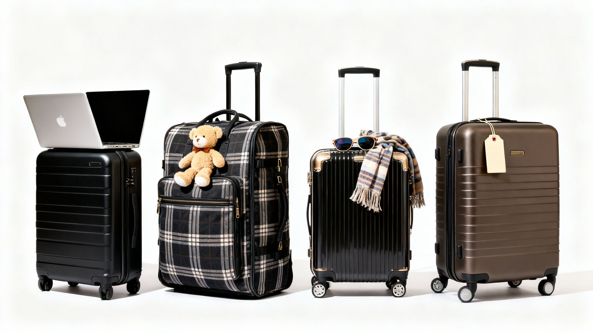 Four stylish suitcases, each with a different item: a laptop, teddy bear, sunglasses, and tag.