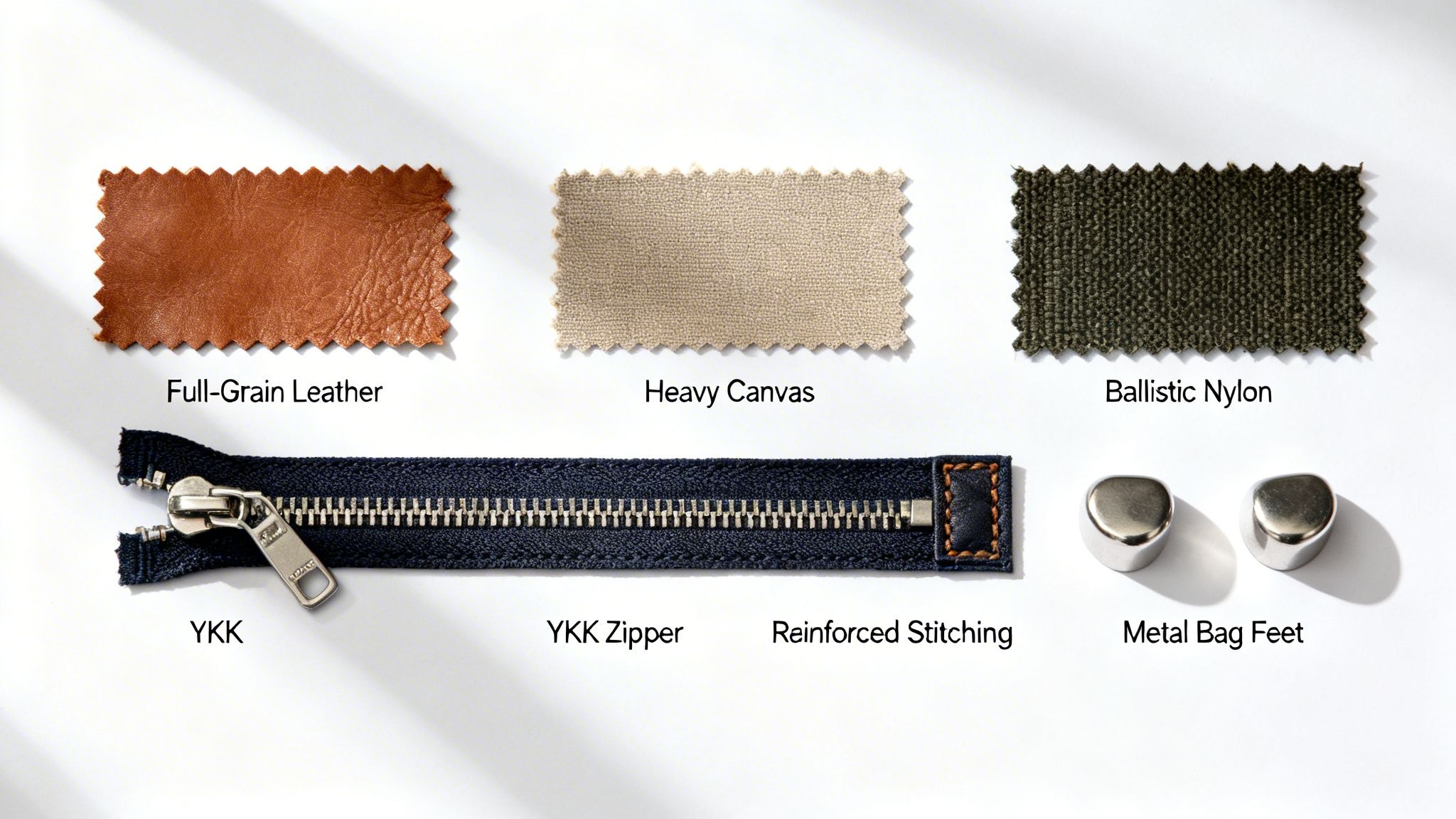 A collection of high-quality bag materials including full-grain leather, heavy canvas, ballistic nylon, YKK zipper, reinforced stitching, and metal bag feet.