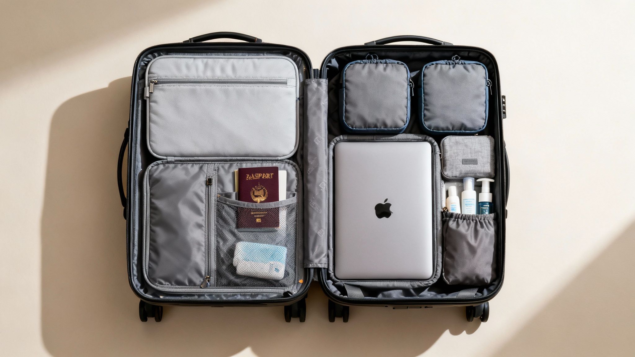 An open suitcase with neatly organized travel essentials, including a laptop, passport, and toiletries.