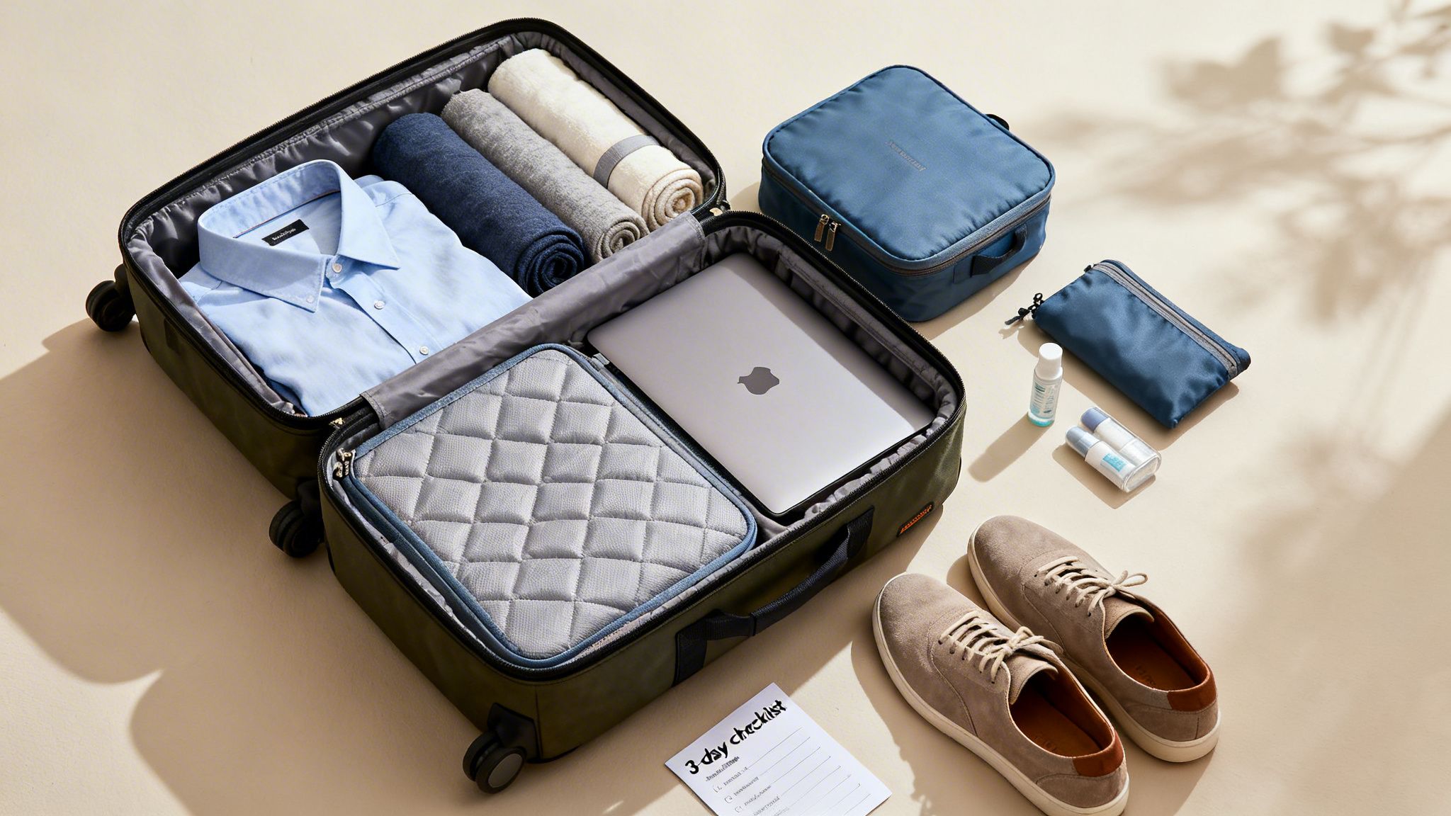 An open olive suitcase packed with a blue shirt, rolled clothes, laptop, and travel essentials.