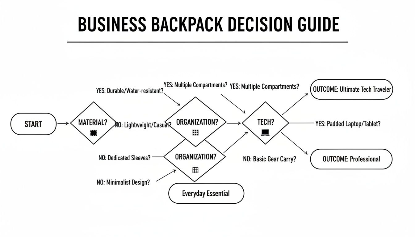 A flowchart titled 'Business Backpack Decision Guide' helps select a backpack based on material, organization, and tech needs.