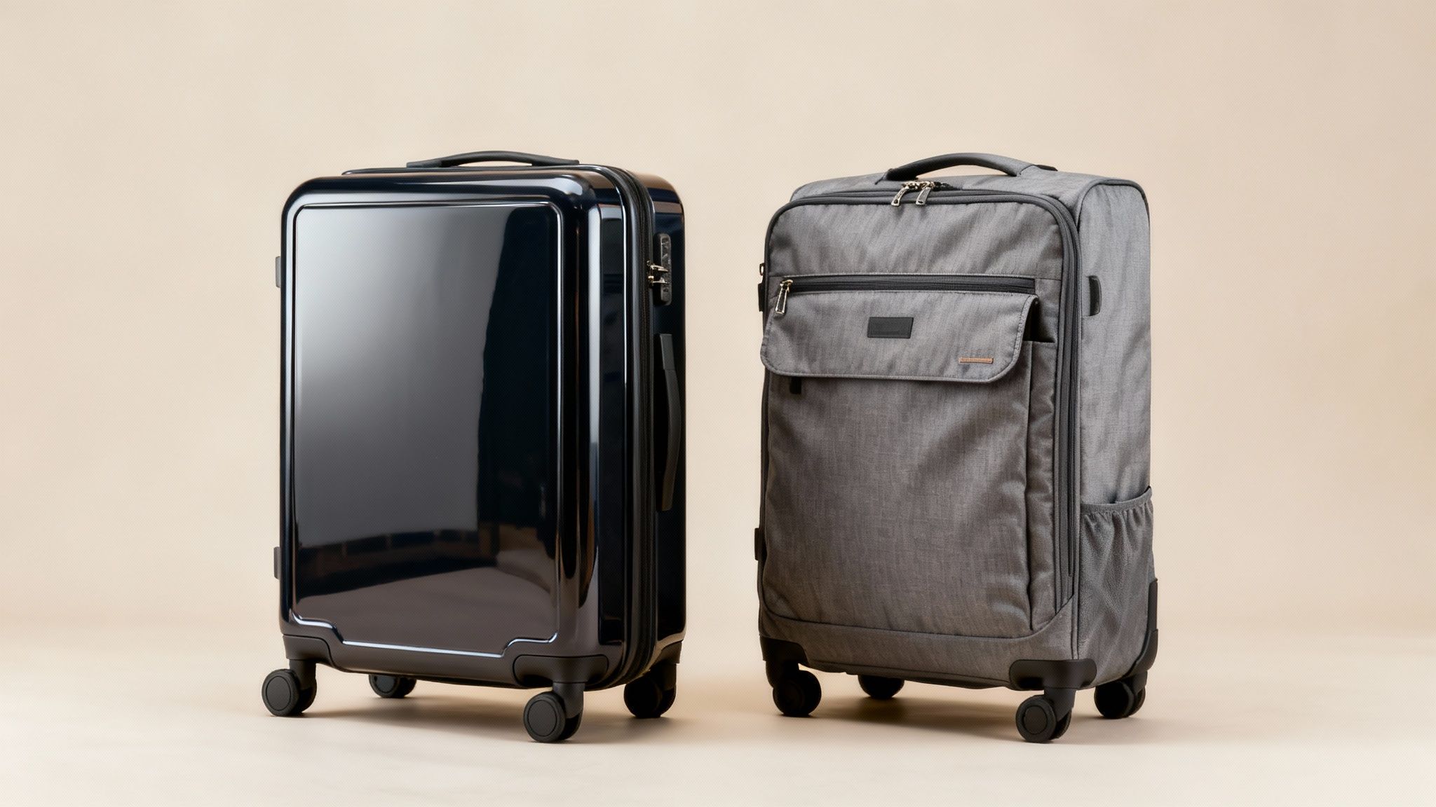 Two distinct suitcases, a glossy dark hard shell and a grey fabric soft shell, on wheels.