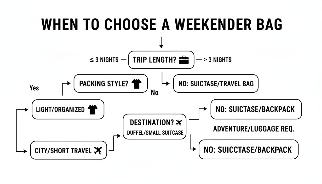 A decision flowchart illustrating when to choose a weekender bag based on trip length, packing style, and destination.