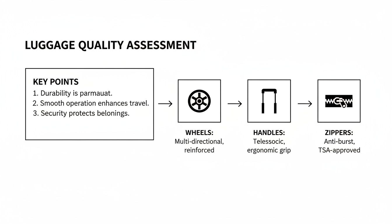 Infographic assessing luggage quality, focusing on durability, smooth wheels, ergonomic handles, and secure zippers.