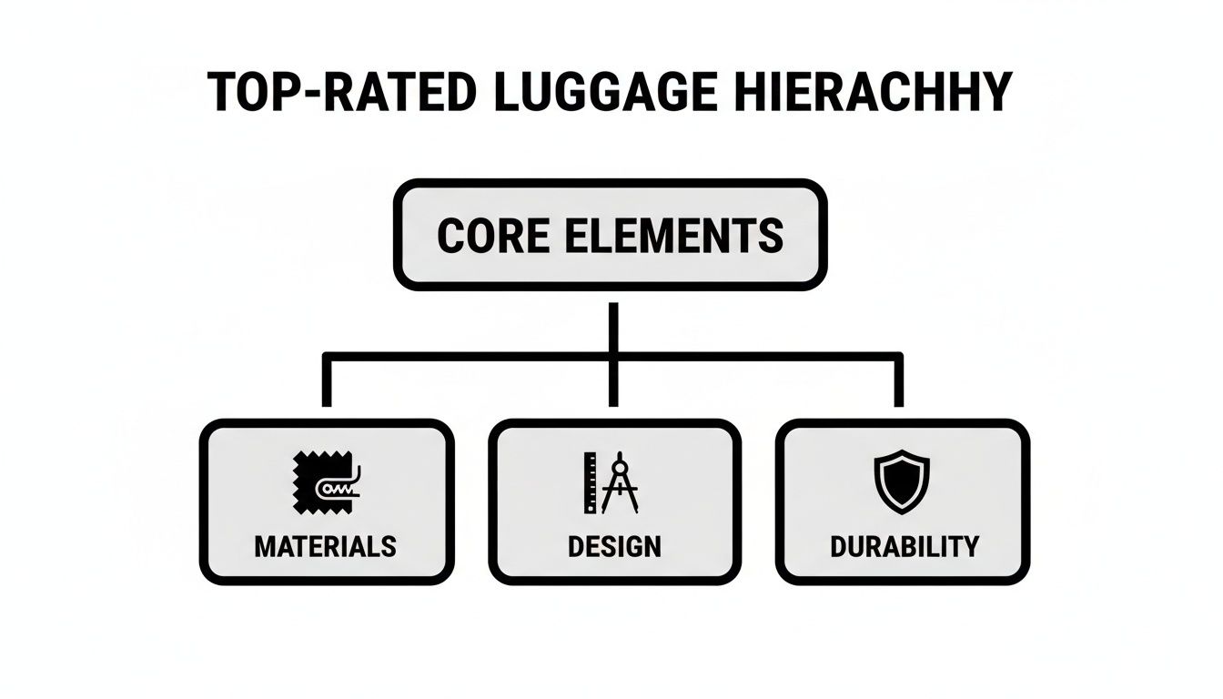 A hierarchical diagram outlining the core elements of top-rated luggage: Materials, Design, and Durability.