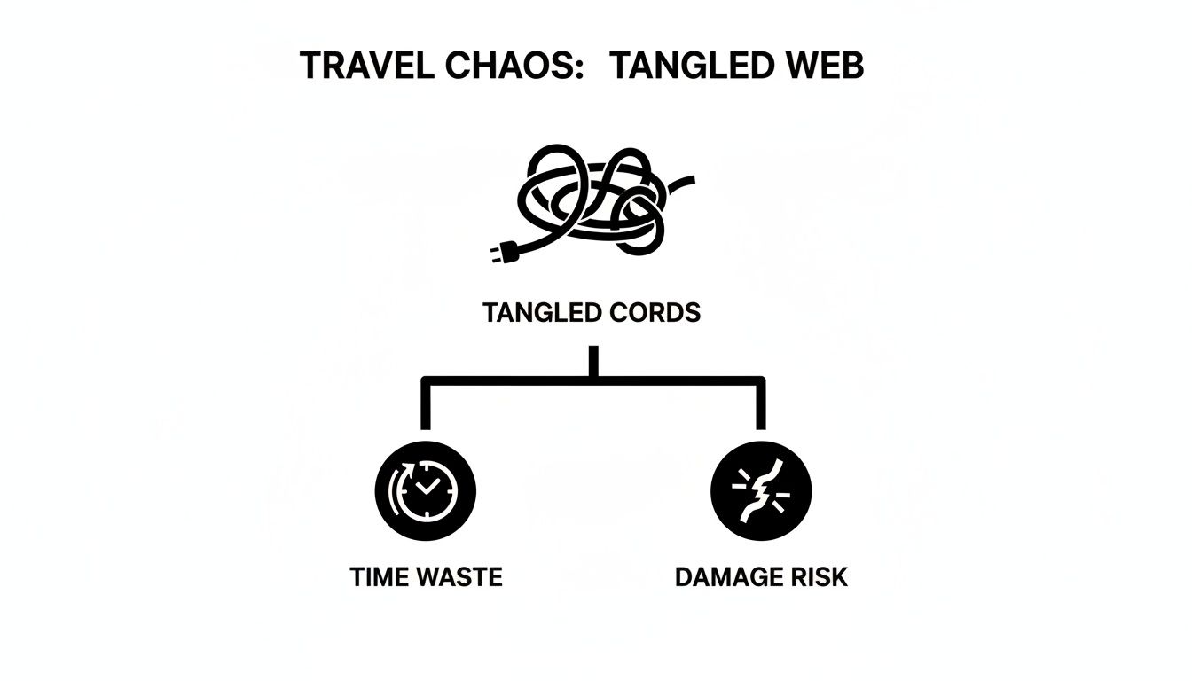 A diagram illustrating travel chaos caused by tangled cords, leading to time waste and damage risk.
