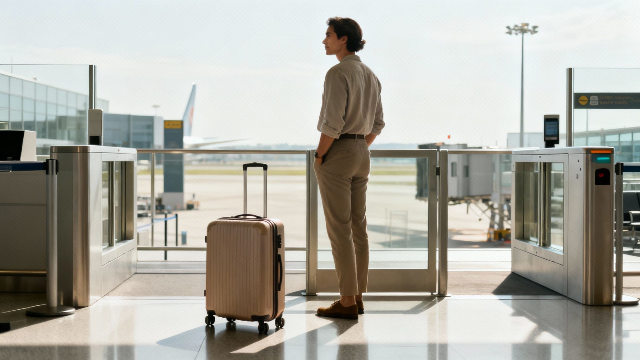 Young man with luggage looking out at an airplane from a bright airport terminal.