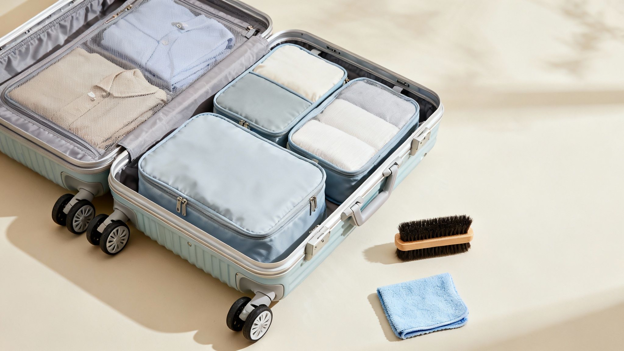 Light blue suitcase open, neatly packed with clothes in various organizer bags, a brush, and a blue cloth.