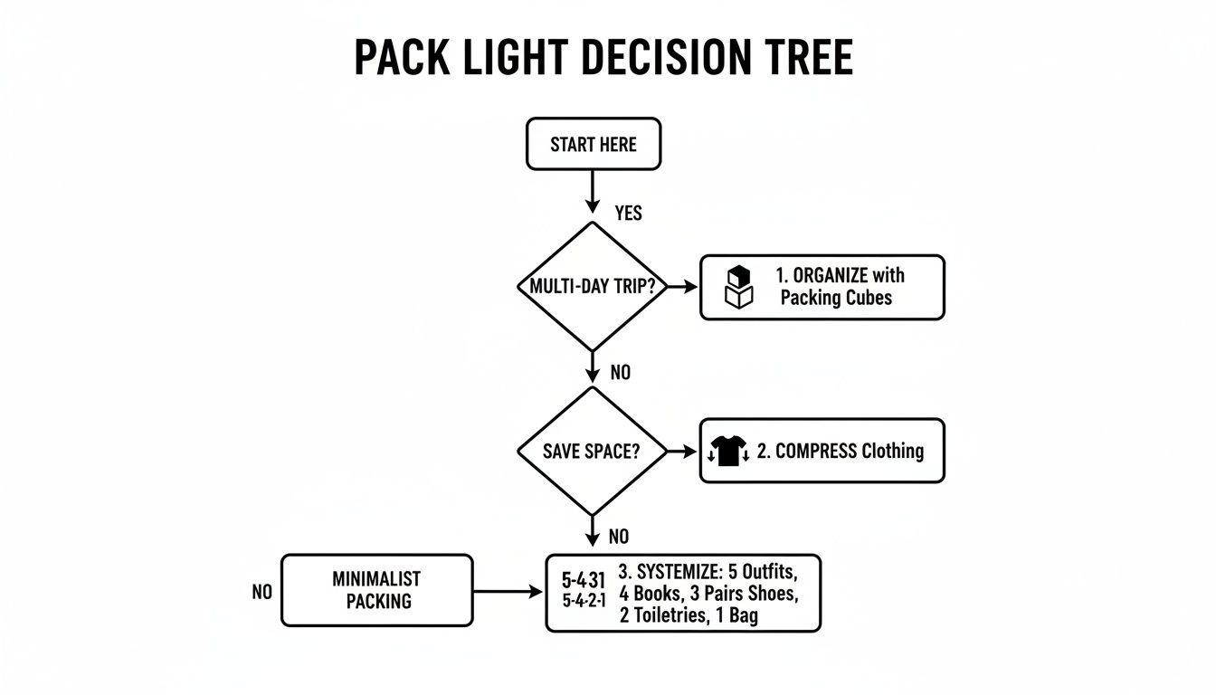 Flowchart illustrating a 'Pack Light Decision Tree' with steps for organizing and minimizing luggage.