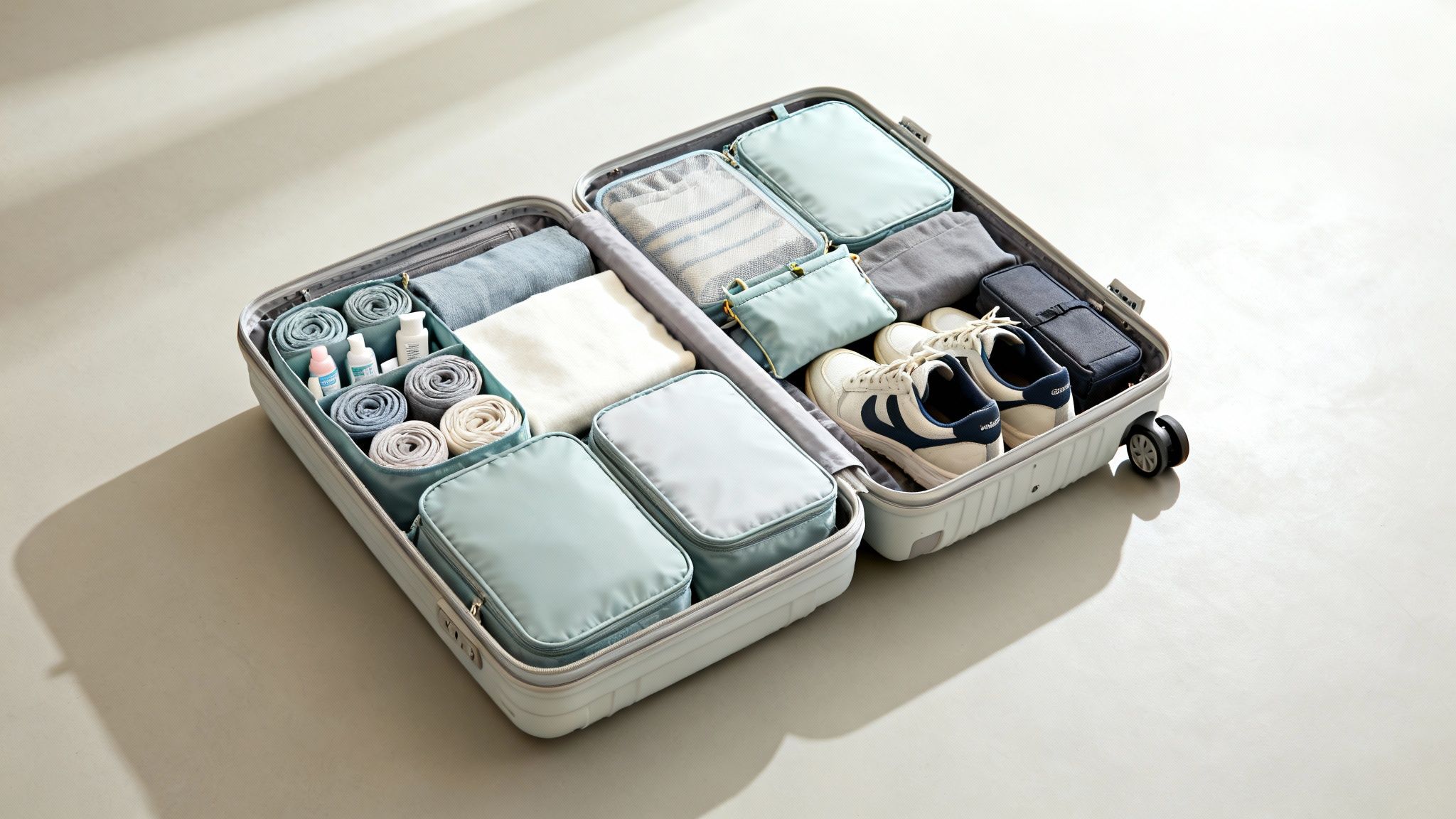 An open, light-colored lightweight suitcase neatly packed with organized clothes, shoes, and travel toiletries.