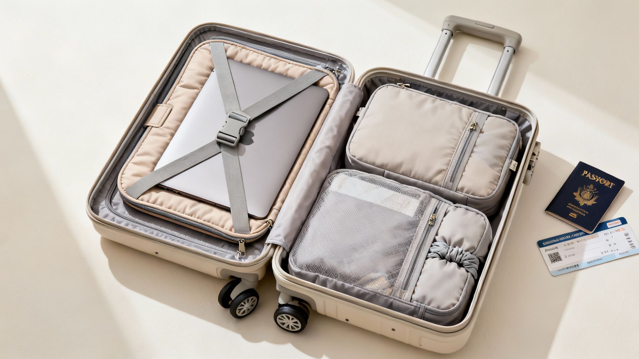 Open carry-on luggage with laptop, packing cubes, passport, and boarding pass on a light surface.