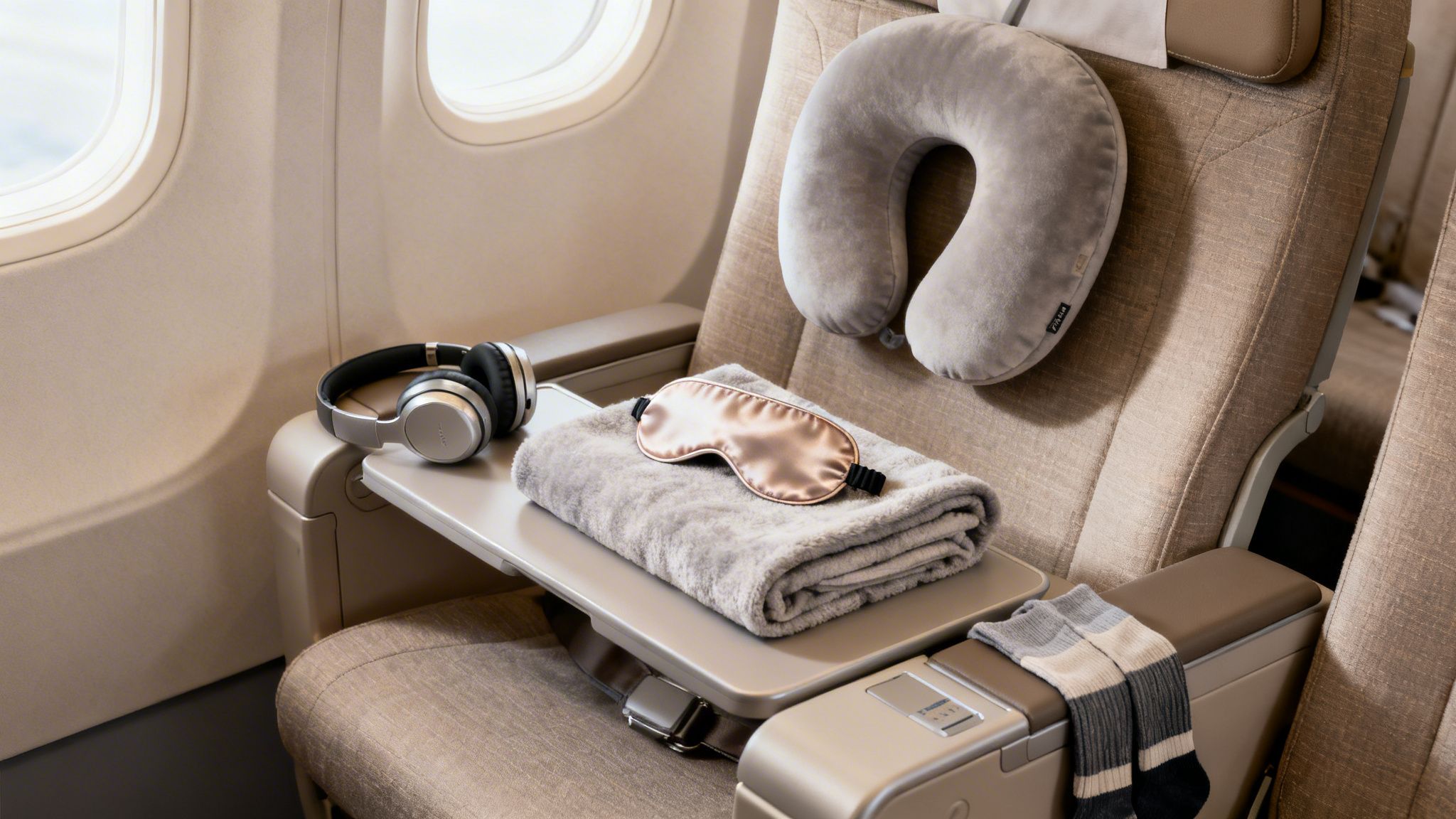 Comfortable airplane seat with headphones, blanket, sleep mask, neck pillow, and socks for a long flight.