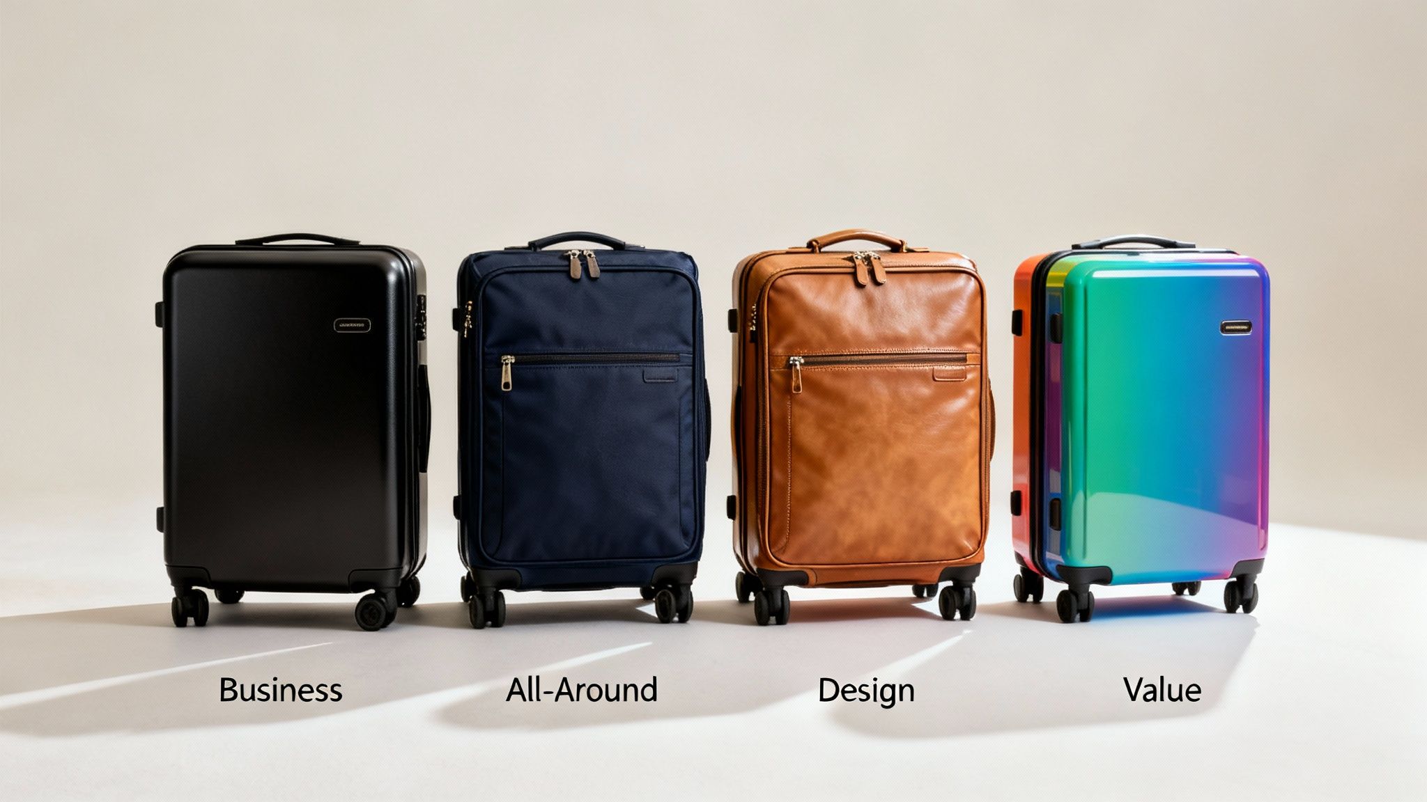 Four distinct suitcases: black for Business, navy fabric for All-Around, tan leather for Design, and rainbow for Value.