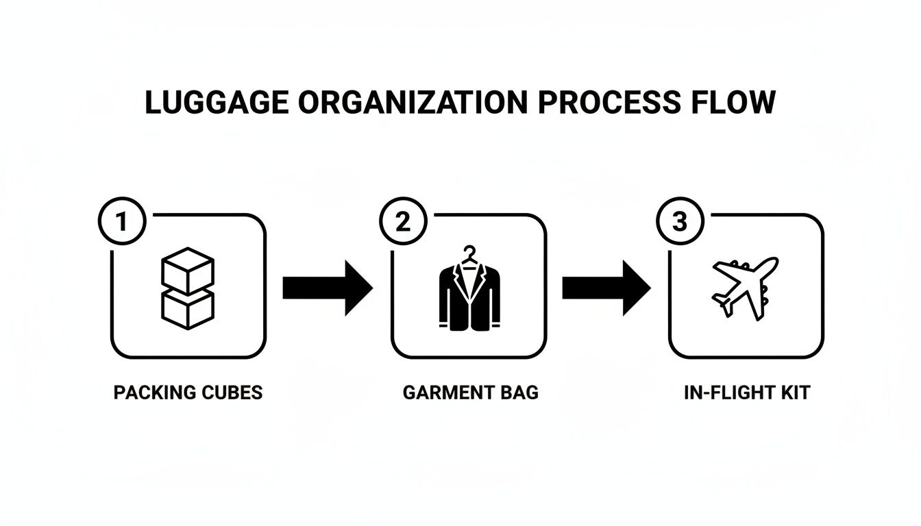 A luggage organization process flow diagram illustrating steps for packing cubes, garment bag, and in-flight kit.