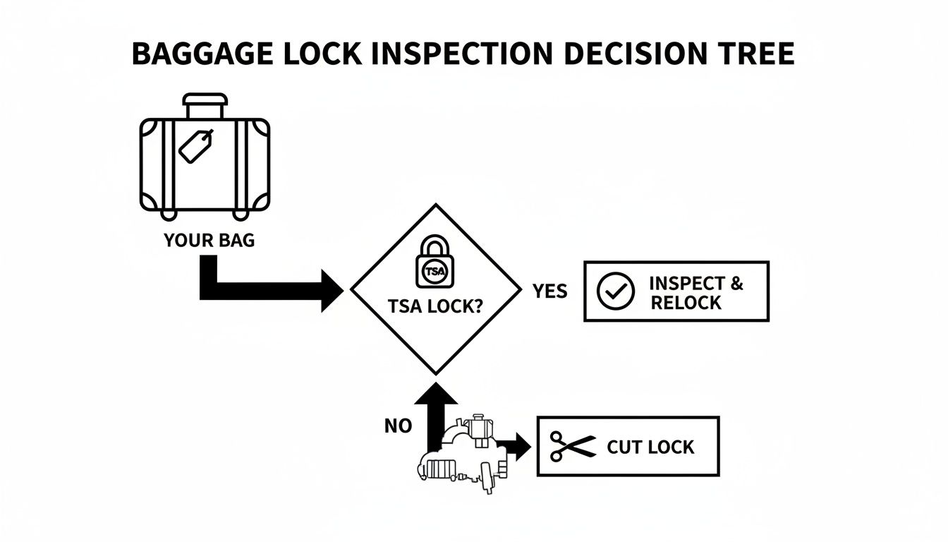 A decision tree flowchart detailing the baggage lock inspection process for TSA locks.