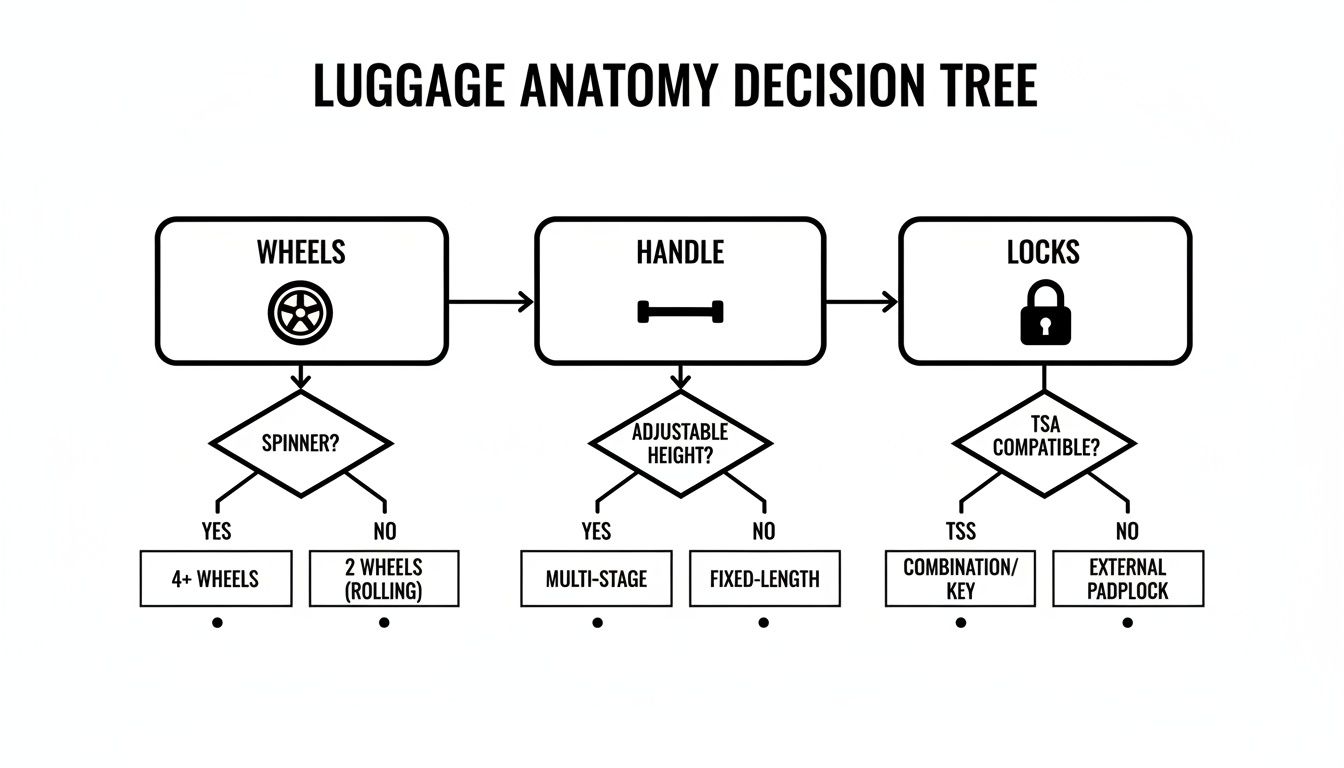 Flowchart illustrating luggage features: wheels (spinner vs 2 wheels), handle (adjustable vs fixed), and locks (TSA vs external).