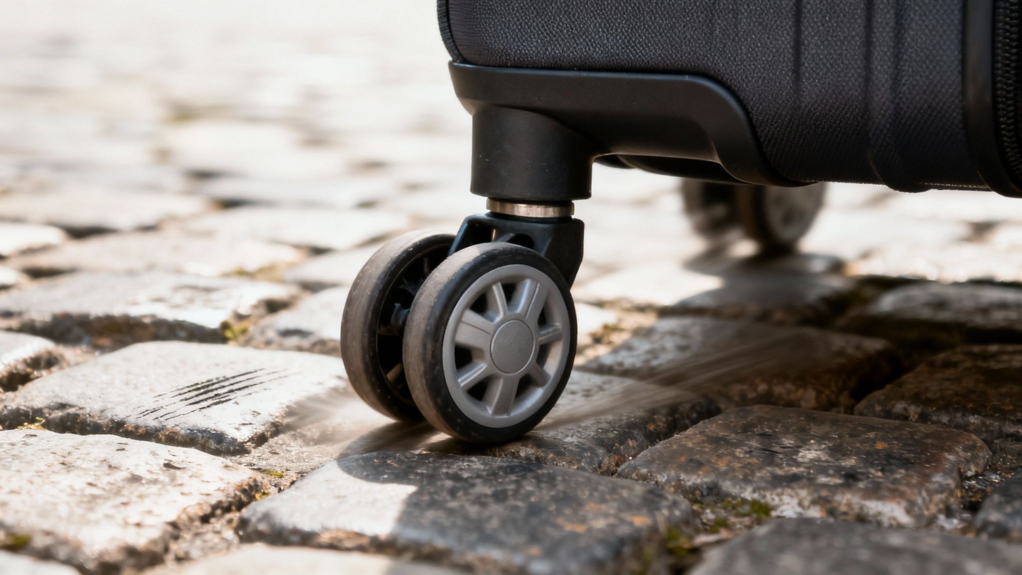 Close-up of a black luggage wheel rolling on a rough cobblestone street in sunlight.