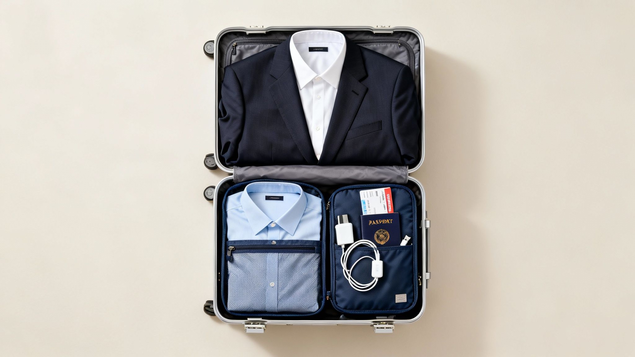 Open silver suitcase packed with a dark suit, shirts, passport, boarding pass, and charger.