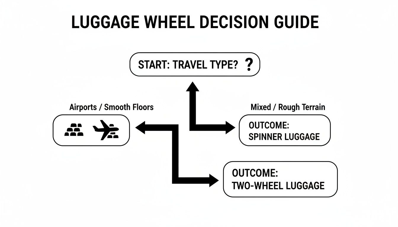 Flowchart guiding luggage wheel choice based on travel type: spinner for airports, two-wheel for rough terrain.